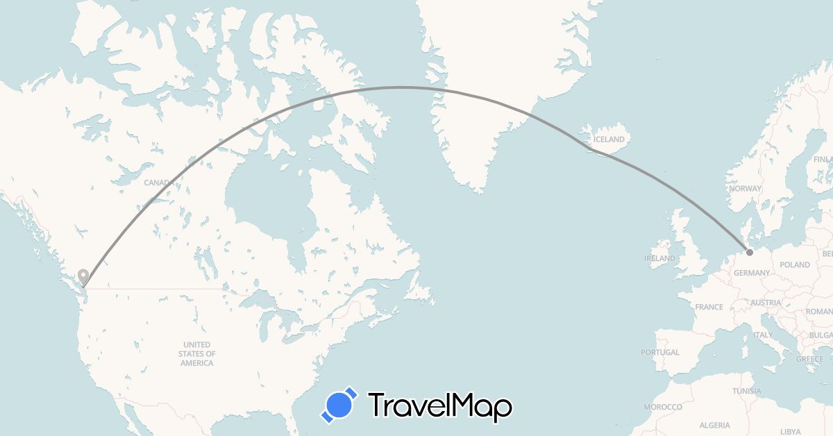 TravelMap itinerary: driving, plane in Canada, Germany, Iceland (Europe, North America)